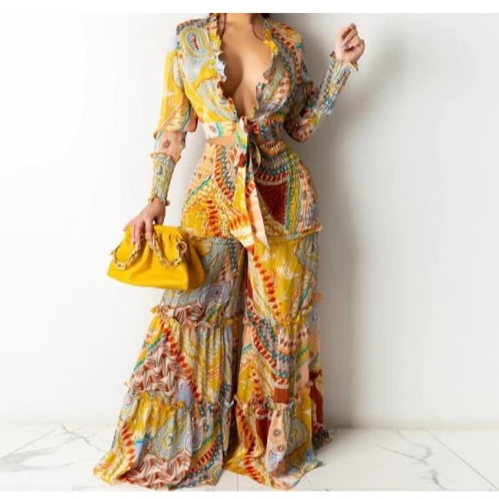 XL Multicolored Wide Leg Two Piece Pant Set.